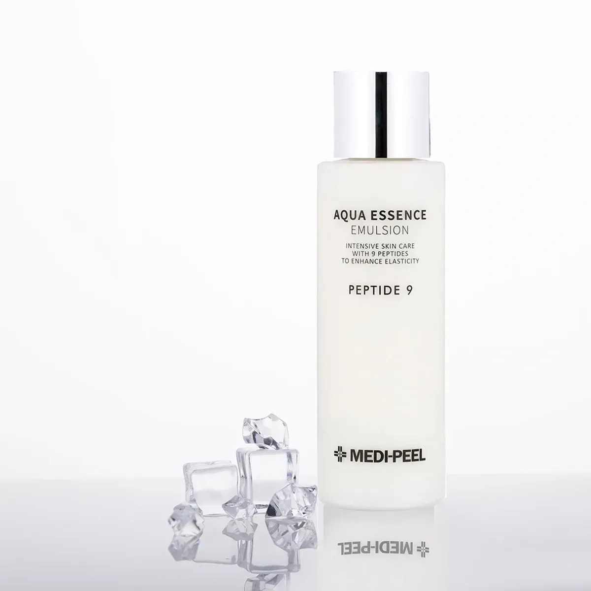 Medi-Peel Peptide 9 Essence Emulsion — флакон з льодом на світлому фоні